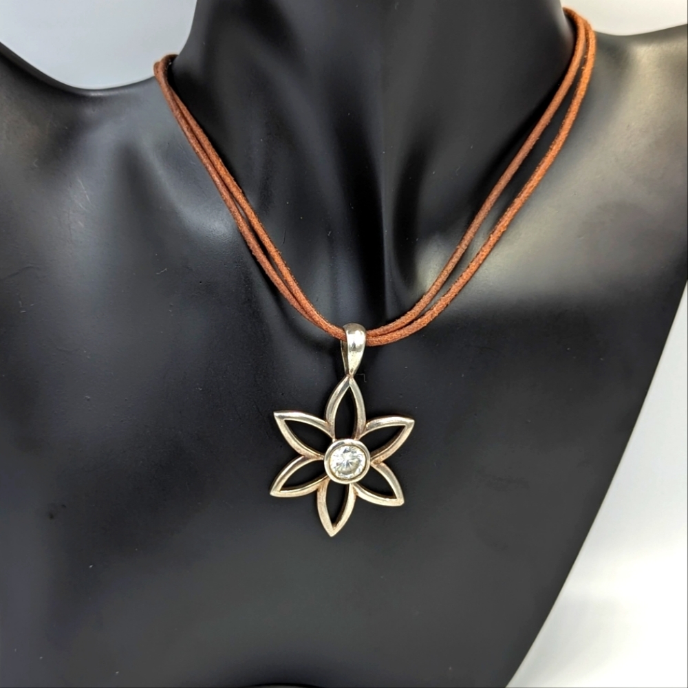 SILPADA 925 Silver Vintage Cubic Zirconia Open Flower Pendant on Leather cord